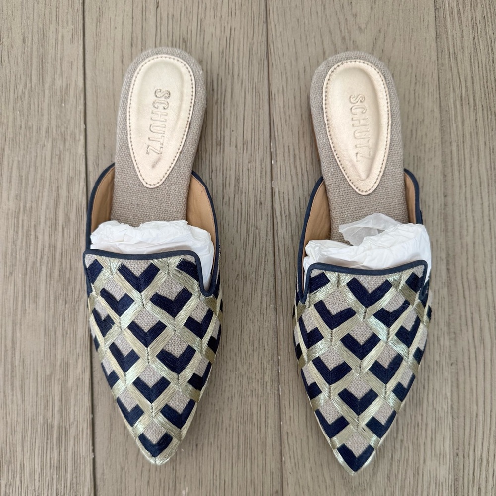 SCHUTZ Navy and Metallic Gold Canvas Mules